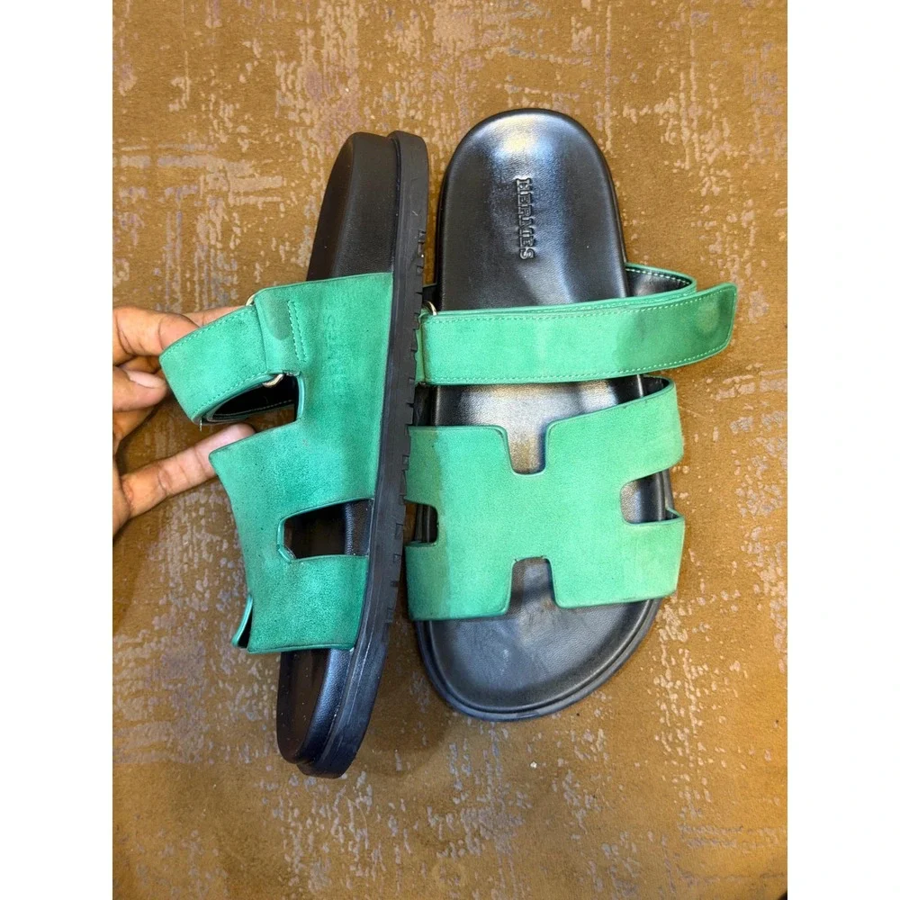 Hermes Chypre Sandals Green Suede Leather H Strap Slides Made in Italy